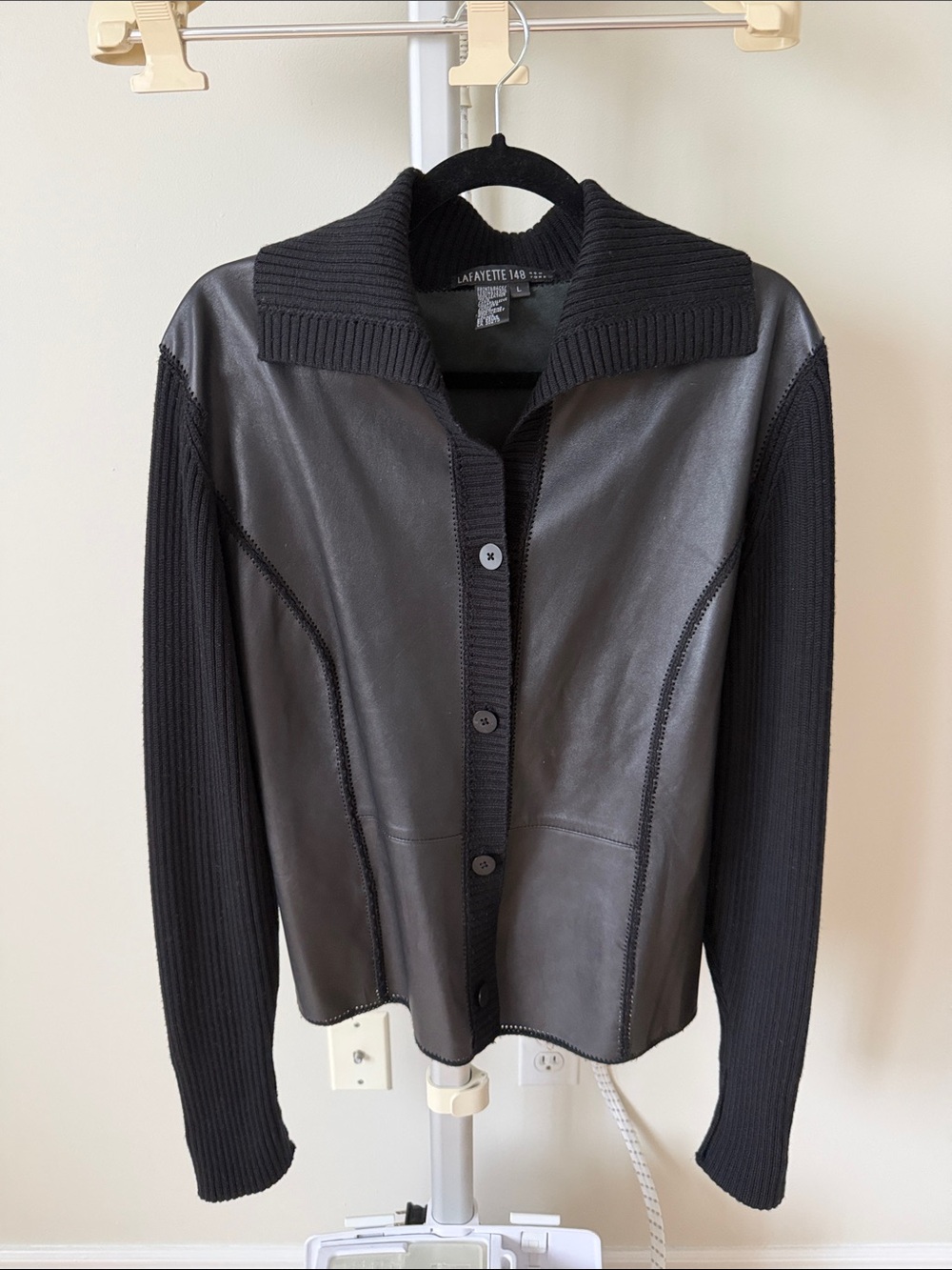Lafayette 148 New York Black leather wool blazer jacket, size L